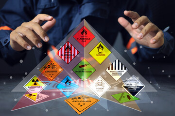 Hazardous substance concept chemical safety officer at a dangerous goods warehouse work through...