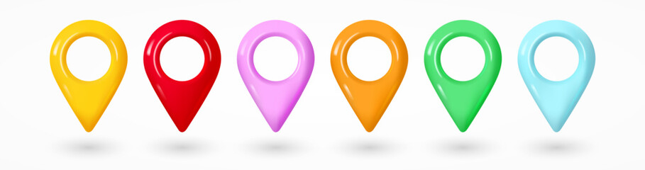 Set of realistic bright map pointers. Color 3d map pins. Place location and destination icons.