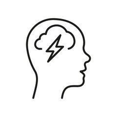 Negative Thinking Line Icon. Mental Disorder, Thunder in Human Head Linear Pictogram. Pessimism, Frustration Symbol. Unhappy Sad Person Outline Sign. Editable Stroke. Isolated Vector Illustration
