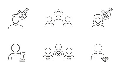 Business Target and Leadership Line Icon Set. Object Oriented and Strategic People Linear Pictogram. Efficiency Brainstorm Outline Symbol. Teamwork Sign. Editable Stroke. Isolated Vector Illustration