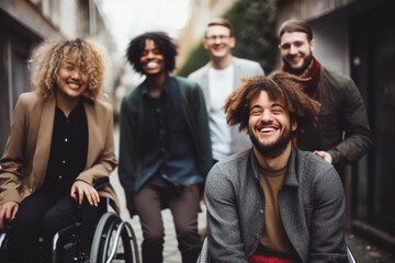 Fototapeta premium Group of diverse friends with disabilities on wheelchair, having great time and laugh together. Support and friendship concept. Generative AI