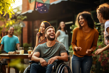 Group of diverse friends with disabilities on wheelchair, having great time and laugh together. Support and friendship concept. Generative AI