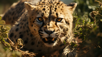 cheetah waiting for its prey in bushes ready to hunt