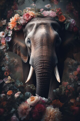 Elephant abstract portrait with flowers and leaves. Creative animal portrait. Generative Ai.