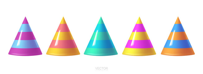 3d party hat set isolated on a white. Realistic Birthday hat set. Vector fun decoration. Colorful surprise costume.