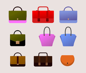 Set of fashionable women's bags on a gray background. Beautiful variety of women's bags. Vector. Illustration