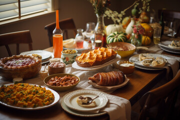 Naklejka premium Thanksgiving festive food on wooden table. Generative AI