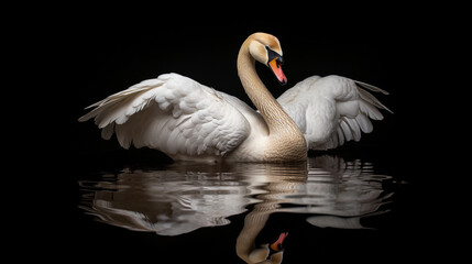 Beautiful white swan on a dark background, soft light.