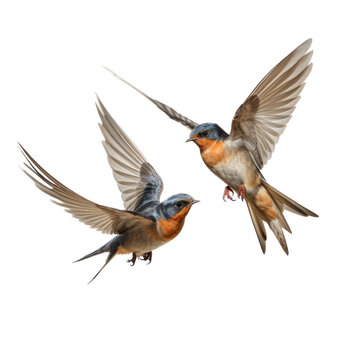two Barn Swallows in-flight in a Nature-themed, photorealistic illustration in a transparent PNG, cutout, and isolated. Generative ai