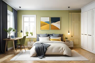 Cozy yellow bedroom interior with white walls. Scandinavian style bedroom. Mock up posters. 