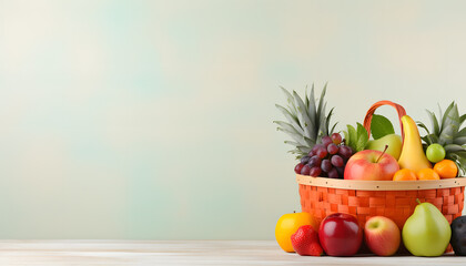 copy space background shopping basket with many kind of fruit