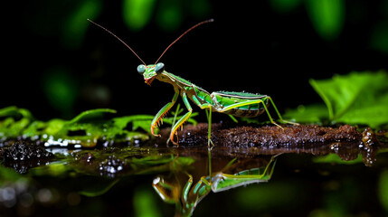 Praying mantis near the water on a dark background, soft light.