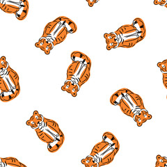 Sleeping tigers seamless pattern. Hand drawn abstract wild animals sleep standing up, funny doodle striped cats. Vector illustration isolated on background