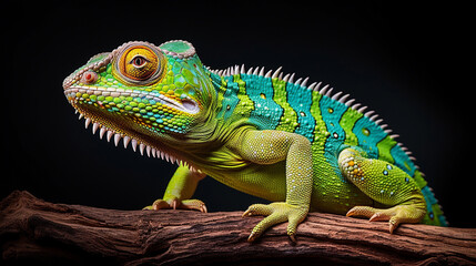 Obraz premium Bright chameleon on a dark background, soft light.