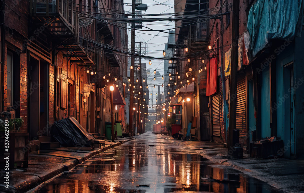 Sticker Wet alley with strings of light created with Generative AI technology