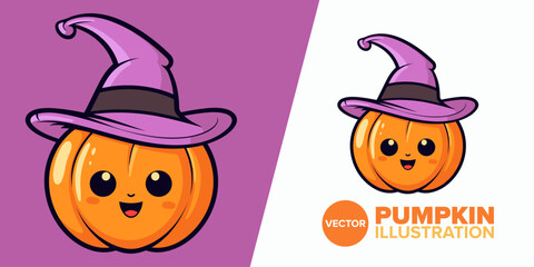 Perfect for Halloween: Cute Pumpkin with Witch Hat in Flat Cartoon Style - Vector Illustration for Poster, Card, Decoration, and Print