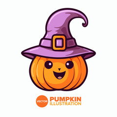 Enchanting Halloween Illustration: Cute Pumpkin with Witch Hat in Flat Cartoon Style - Perfect for Poster, Card, Decoration, and Print