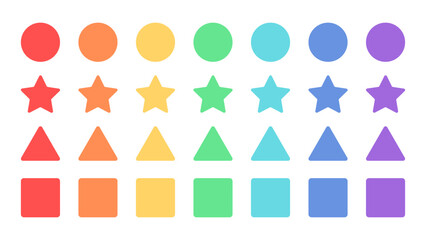 Geometric shapes for kids. Set of colorful different shapes. Logic worksheet for kids. Kindergarten children game. Square, triangle, circle math figure child preschool activity. Vector illustration