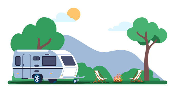 Caravan trailer standing outdoors in woods next to campfire and lounge chairs. Hiking adventure. Automobile camping van. Empty armchairs by bonfire. Summer vacation. Vector concept
