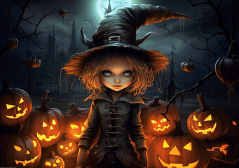 a cute illustrated witch surrounded by pumpkins and jack-o-lanterns, Halloween