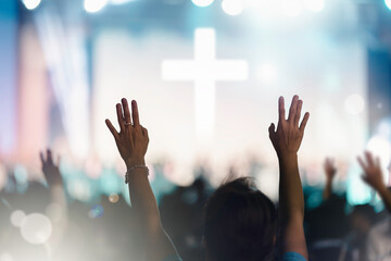 Christian worship concert background. people group sing praise and pray to god in Church on easter day or Sunday - obrazy, fototapety, plakaty