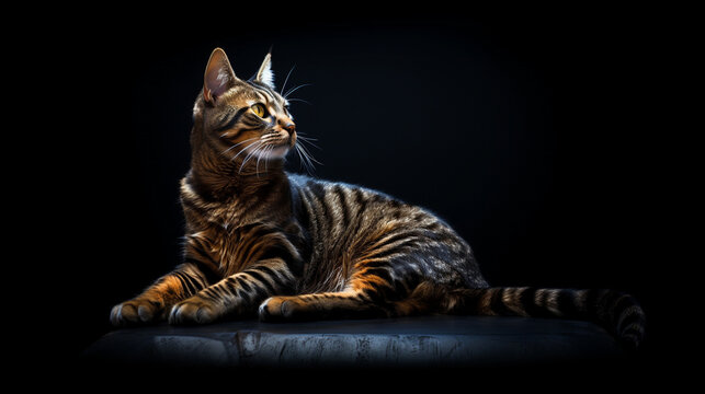 Beautiful cat on a dark background, soft light.