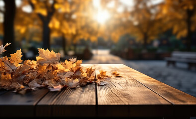Naklejka na ściany i meble Autumn background on a wooden table with autumn leaves falling on it, photorealistic style.