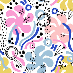 Naklejka premium Abstract minimal lines, circles, doodles, squiggles seamless pattern.