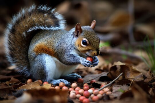 A squirrel enjoying a tasty nut on the forest floor