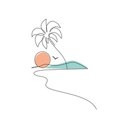 Abstract tropical landscape continuous art line with mountains, sea, coconut palm tree - 637464151
