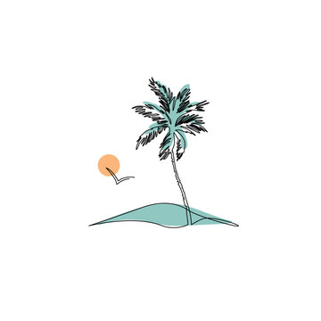 recommend clip art: Abstract tropical landscape continuous art line with mountains, sea, coconut palm tree
