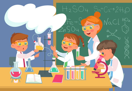 Chemistry lab lesson. Teacher with students in school laboratory conduct practical experiment. Smart kids with test tubes. Boys and girls study in classroom. Splendid vector concept