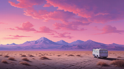 Surrealistic landscape risograph illustration of a dramatic lonely desert sky in pink and purple tones. Pink camper desert landscape.