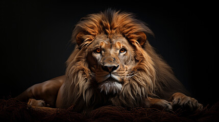 Naklejka premium Beautiful lion on a dark background, straight view.
