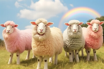 Obraz premium Flock of sheep in green pasture. Lamb group