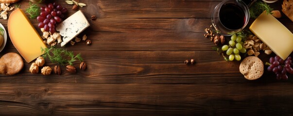 Various types of cheese and red wine on the wooden table. Generative AI.