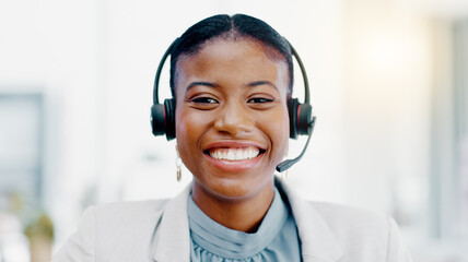 Black woman, call center and face with smile consulting in telemarketing, customer service or...