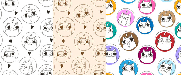 Pattern set cute cats.Emoji animals pattern