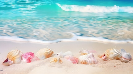 Obraz na płótnie Canvas Shells at the sandy beach. Summer beach background.