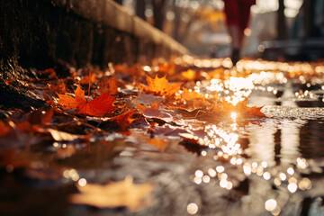 A girl walks on a wet pavement with autumn leaves 