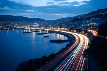 Time lapse photography of vehicle lights on the bridge at night in city