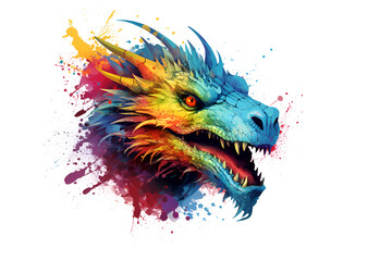 Multicolored Dragon watercolor paint splatter illustration, white background. Mythological creatures. Fantastic monster. Mythological creatures. Fantastic monster. Ancient reptile. Symbol of the year