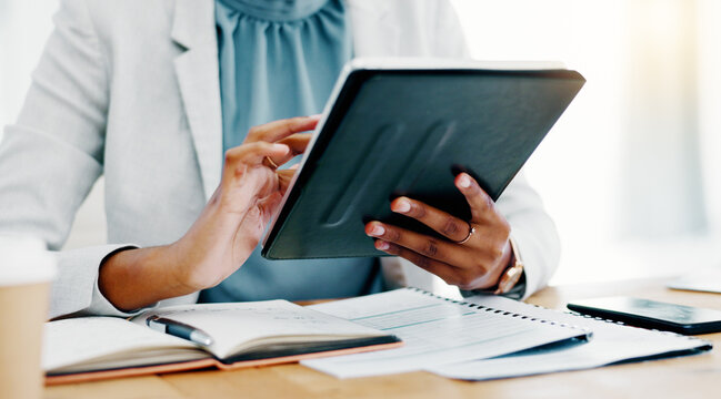 Black woman, tablet and smile for social media, browsing or business research at the office desk. Happy African female working on touchscreen scrolling and smiling for networking or digital marketing