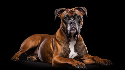 Dog breed: Tiger Boxer on a dark background, studio lighting.