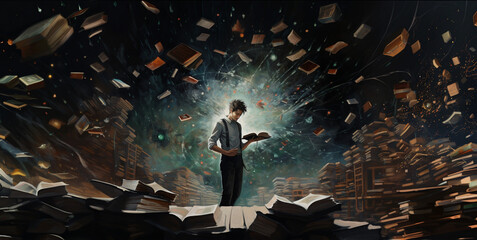 man reading flying books - obrazy, fototapety, plakaty