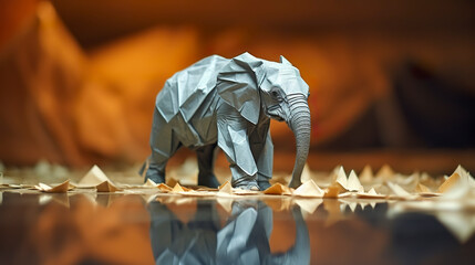 Whimsical creation of an intricate origami-style elephant from delicate paper folds. Elephant in simple and realistic origami paper style. A masterpiece that brings the magic of paper to life.