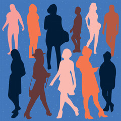 Silhouette of colored figures of people on a blue background.  Vector illustration.