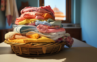 A stack of freshly washed laundry on washing machine background. 