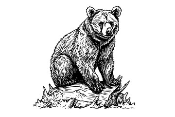 Obraz na płótnie Canvas Ink hand drawing sketch bear bear sitting on a log. Vector Illustration in engraving style.