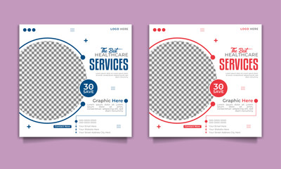 Set of Modern social media post template.  Usable for social media, website, flyers, and banners. Professional medical healthcare service social media post template design. Clinic or hospital digital 